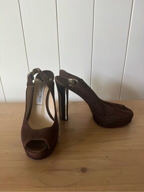 Jimmy Choo Brown Suede Peep-Toe Platform Slingback Heels